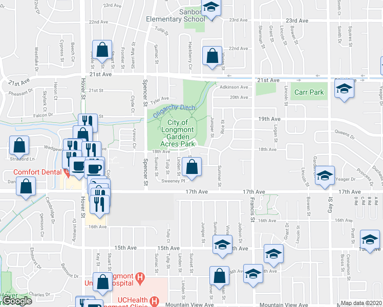 map of restaurants, bars, coffee shops, grocery stores, and more near 1760 Sunset Street in Longmont