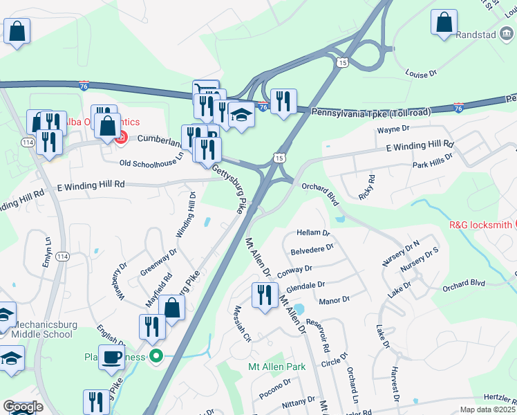 map of restaurants, bars, coffee shops, grocery stores, and more near 11 Gettysburg Pike in Mechanicsburg