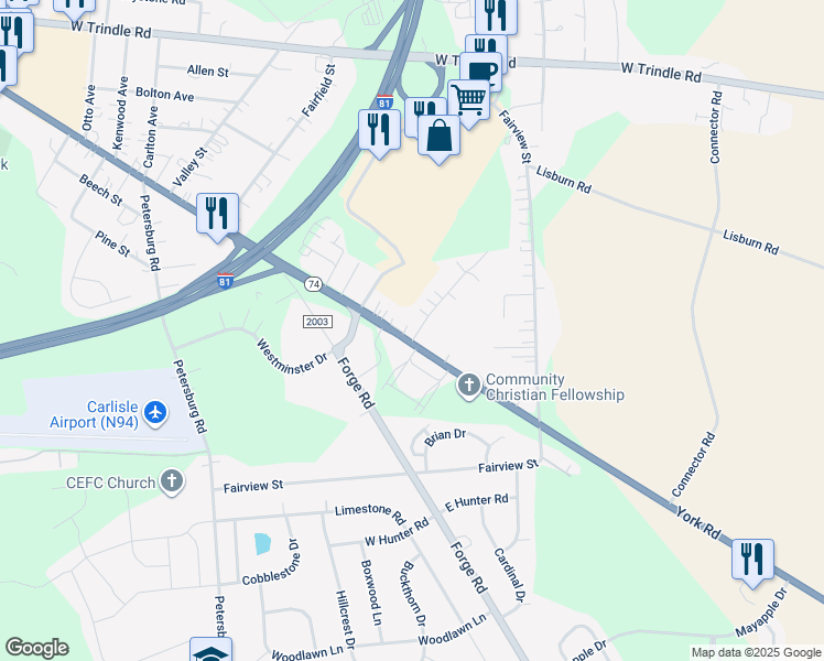 map of restaurants, bars, coffee shops, grocery stores, and more near 337 York Road in Carlisle