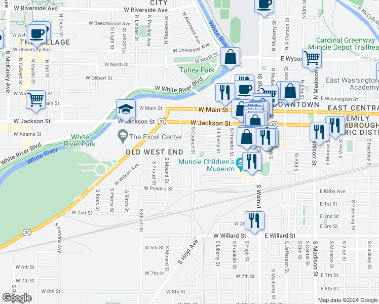 map of restaurants, bars, coffee shops, grocery stores, and more near 525 West Charles Street in Muncie