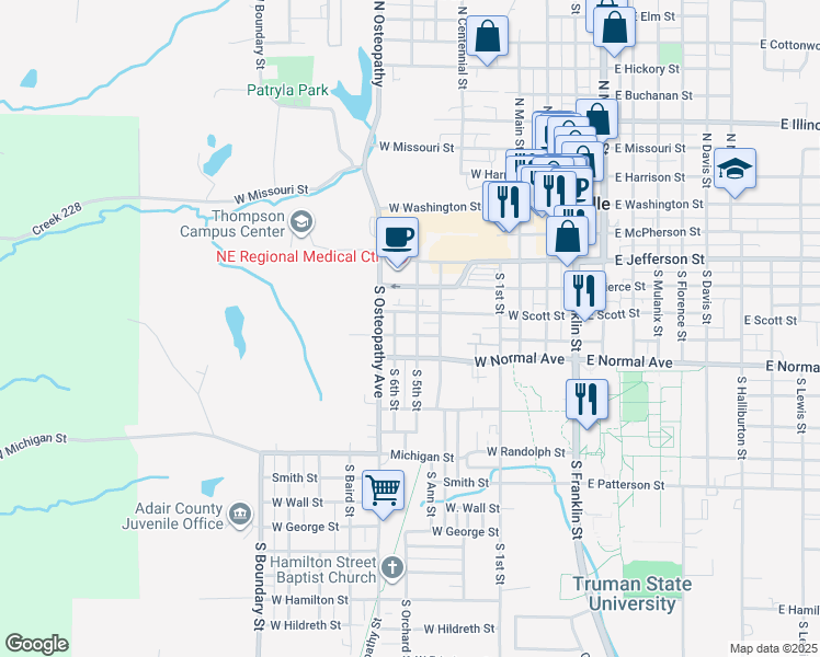 map of restaurants, bars, coffee shops, grocery stores, and more near 610 West Fillmore Street in Kirksville