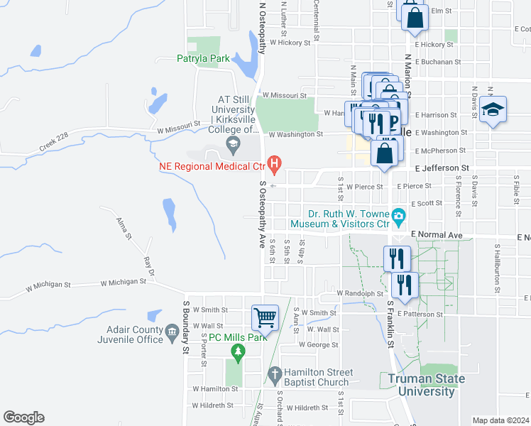 map of restaurants, bars, coffee shops, grocery stores, and more near 516 South 6th Street in Kirksville