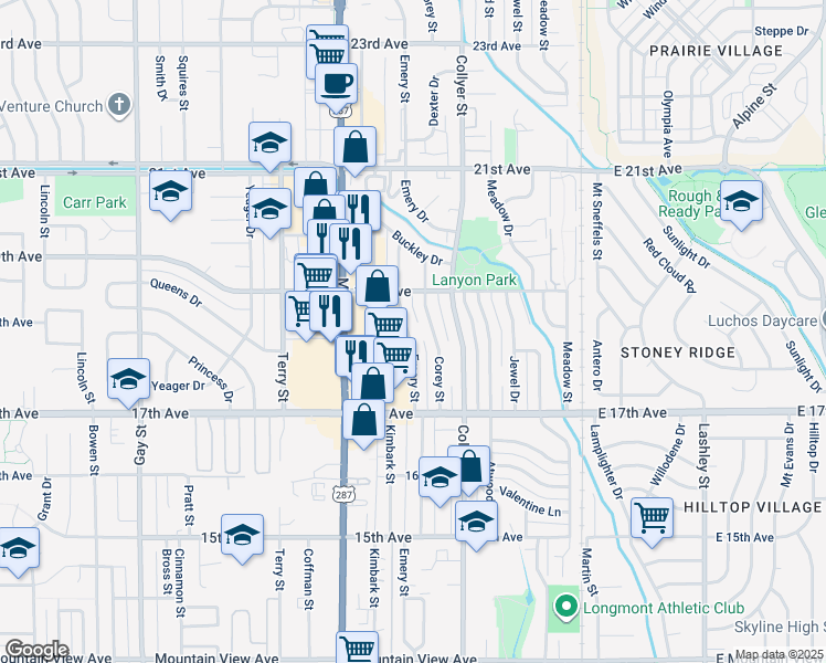 map of restaurants, bars, coffee shops, grocery stores, and more near 1822 Emery Street in Longmont