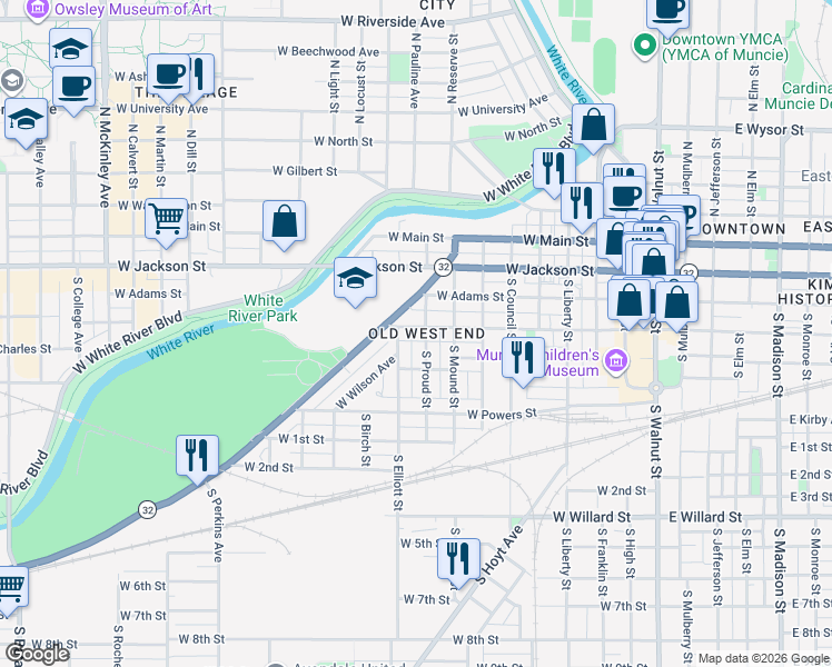map of restaurants, bars, coffee shops, grocery stores, and more near 905 West Charles Street in Muncie