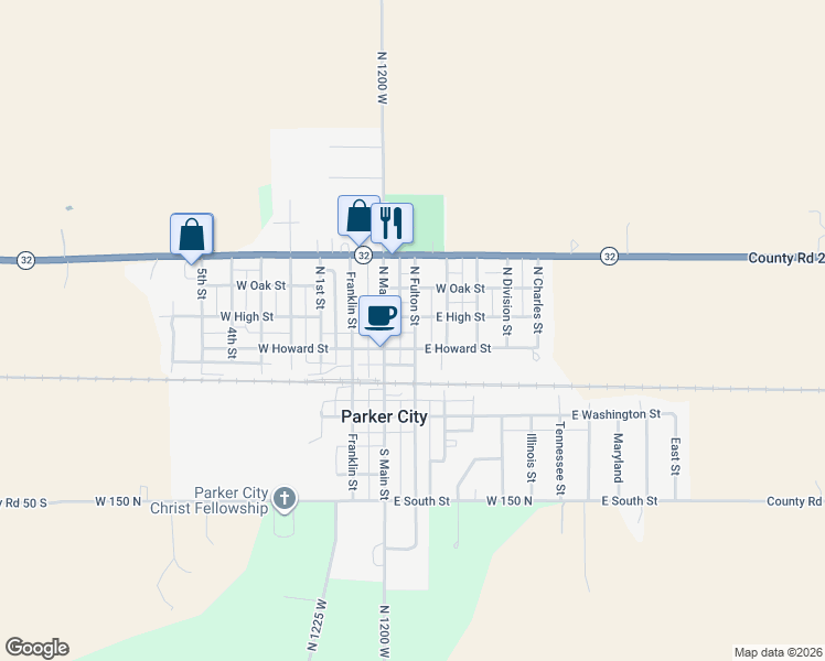 map of restaurants, bars, coffee shops, grocery stores, and more near 128 North Fulton Street in Parker City