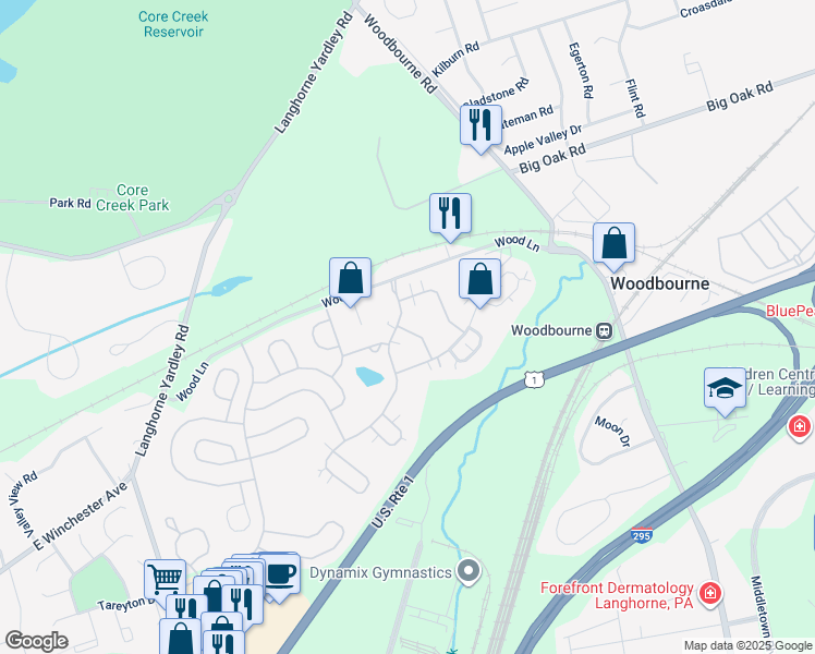 map of restaurants, bars, coffee shops, grocery stores, and more near 324 Starflower Lane in Langhorne