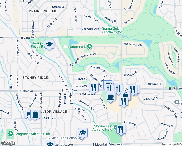 map of restaurants, bars, coffee shops, grocery stores, and more near 604 Saint Andrews Drive in Longmont