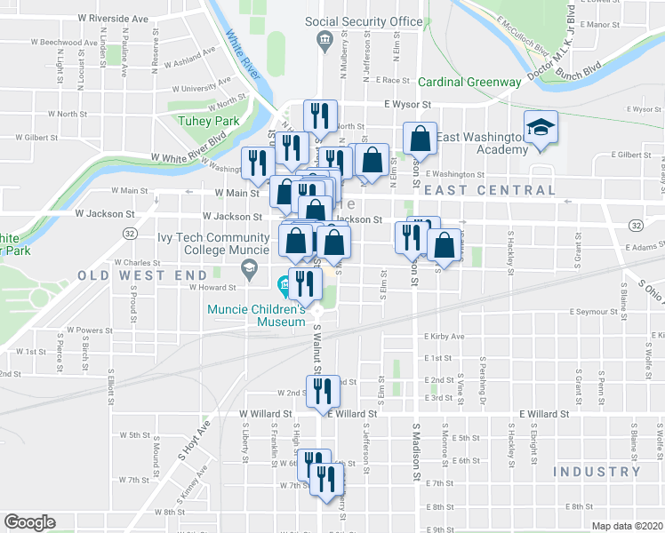 map of restaurants, bars, coffee shops, grocery stores, and more near 119 East Charles Street in Muncie