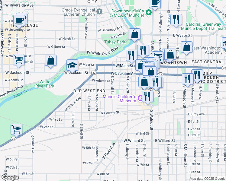 map of restaurants, bars, coffee shops, grocery stores, and more near 525 West Charles Street in Muncie