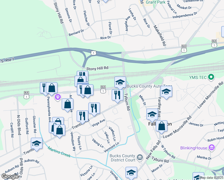 map of restaurants, bars, coffee shops, grocery stores, and more near 662 Lincoln Highway in Fairless Hills
