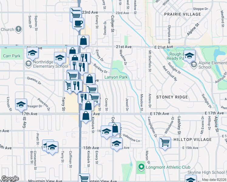 map of restaurants, bars, coffee shops, grocery stores, and more near 1818 Collyer Street in Longmont