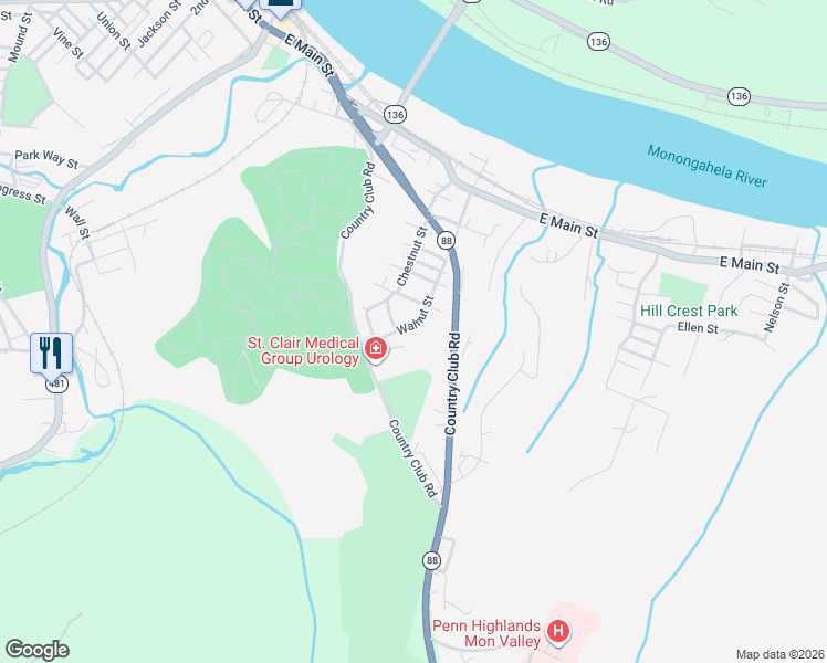 map of restaurants, bars, coffee shops, grocery stores, and more near 707 Walnut Street in Monongahela