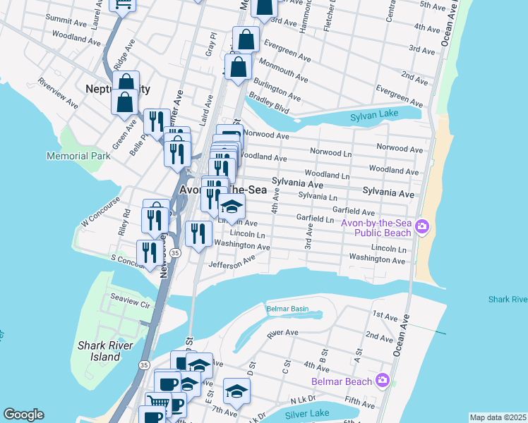 map of restaurants, bars, coffee shops, grocery stores, and more near 411 Garfield Lane in Avon-by-the-Sea