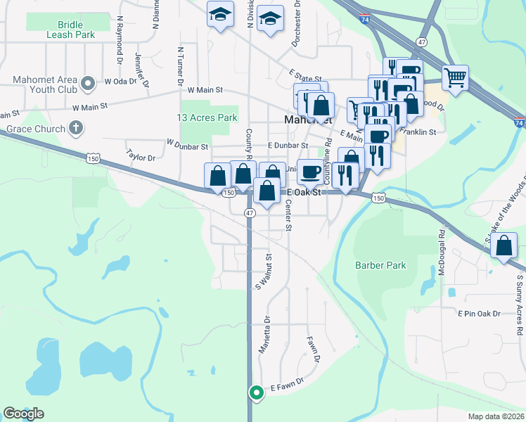 map of restaurants, bars, coffee shops, grocery stores, and more near 507 S Walnut St in Mahomet