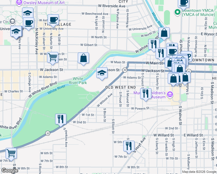 map of restaurants, bars, coffee shops, grocery stores, and more near 923 West Charles Street in Muncie