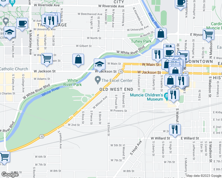 map of restaurants, bars, coffee shops, grocery stores, and more near 919 West Charles Street in Muncie
