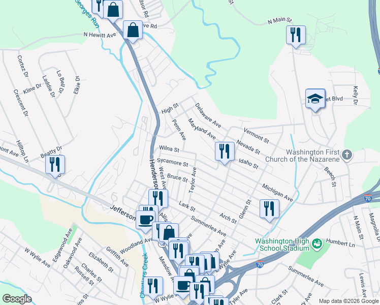 map of restaurants, bars, coffee shops, grocery stores, and more near 1245 Wilna Street in Washington