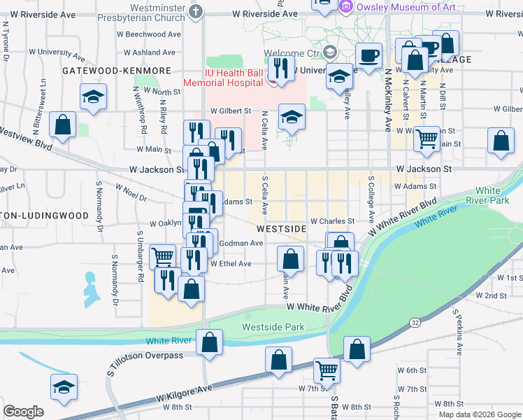 map of restaurants, bars, coffee shops, grocery stores, and more near 2517 West Adams Street in Muncie