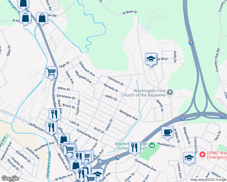 map of restaurants, bars, coffee shops, grocery stores, and more near 1055 Nevada Street in Washington