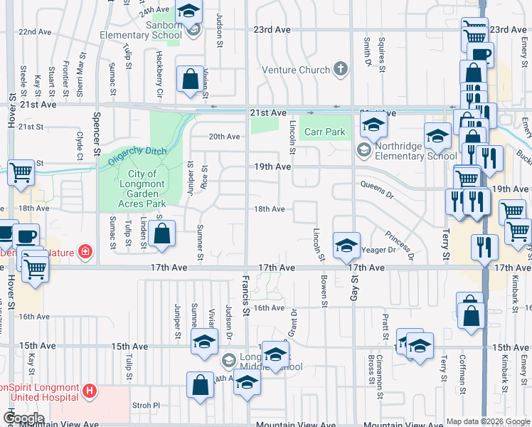 map of restaurants, bars, coffee shops, grocery stores, and more near 1531 18th Avenue in Longmont