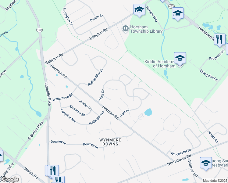 map of restaurants, bars, coffee shops, grocery stores, and more near 21 Steeplechase Circle in Horsham