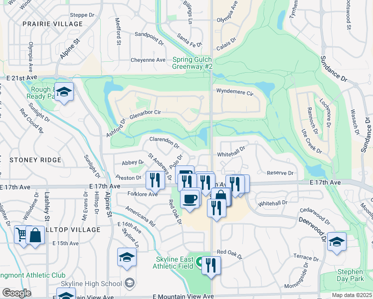 map of restaurants, bars, coffee shops, grocery stores, and more near 682 Clarendon Drive in Longmont