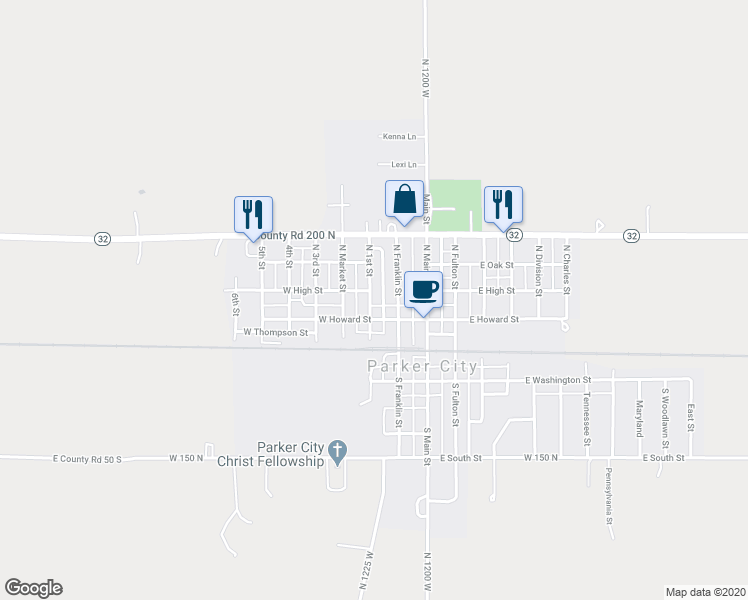 map of restaurants, bars, coffee shops, grocery stores, and more near 129 North 1st Street in Parker City