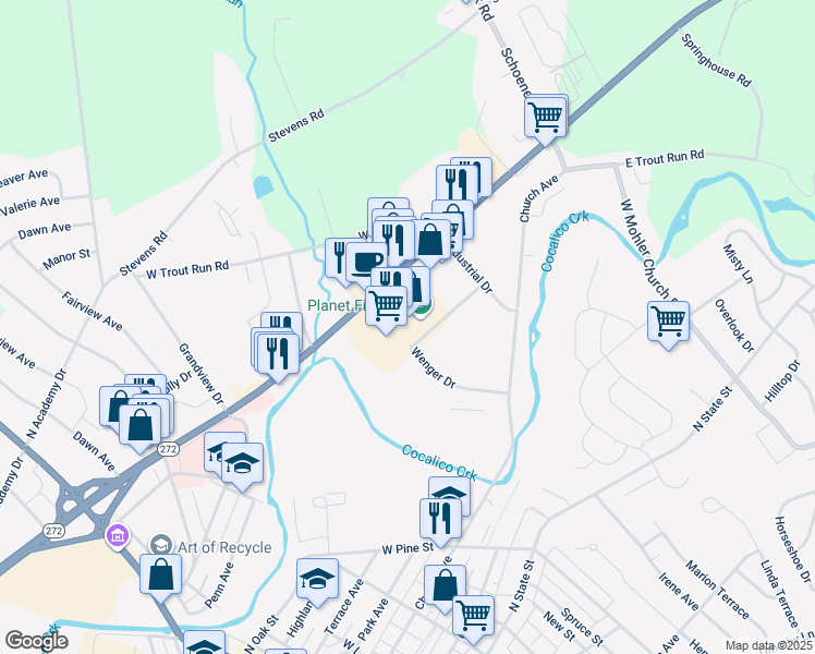 map of restaurants, bars, coffee shops, grocery stores, and more near 365 North Reading Road in Ephrata
