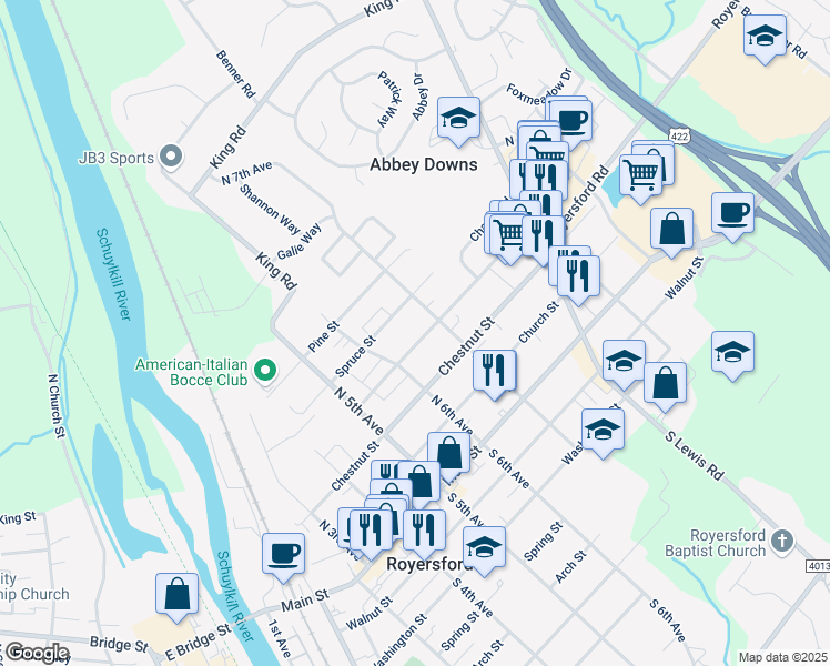 map of restaurants, bars, coffee shops, grocery stores, and more near 627 Oak Street in Royersford