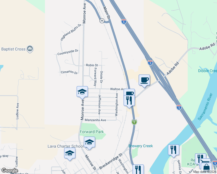 map of restaurants, bars, coffee shops, grocery stores, and more near 245 Walton Avenue in Red Bluff