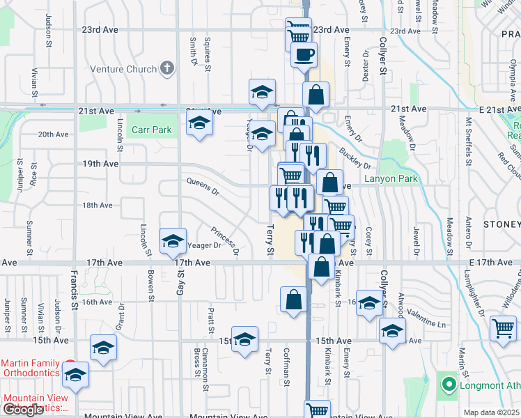 map of restaurants, bars, coffee shops, grocery stores, and more near 1849 Terry Street in Longmont
