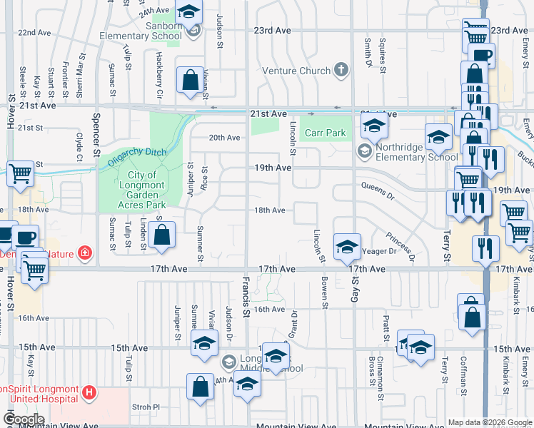 map of restaurants, bars, coffee shops, grocery stores, and more near 1531 18th Avenue in Longmont