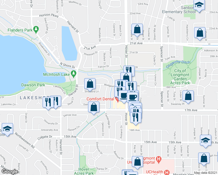 map of restaurants, bars, coffee shops, grocery stores, and more near 1840 Cambridge Drive in Longmont