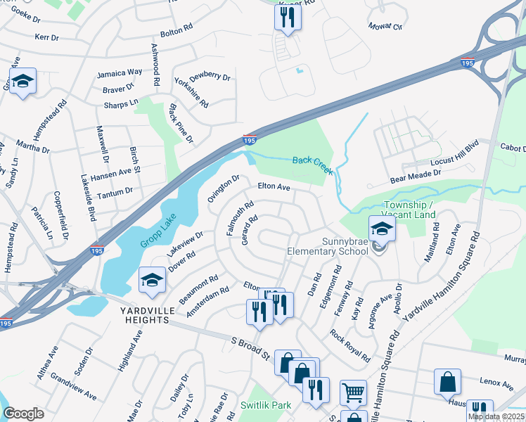 map of restaurants, bars, coffee shops, grocery stores, and more near 50 Gerard Road in Hamilton Township