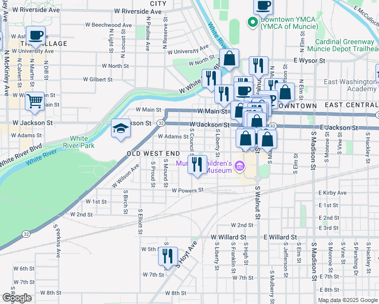 map of restaurants, bars, coffee shops, grocery stores, and more near 525 West Charles Street in Muncie