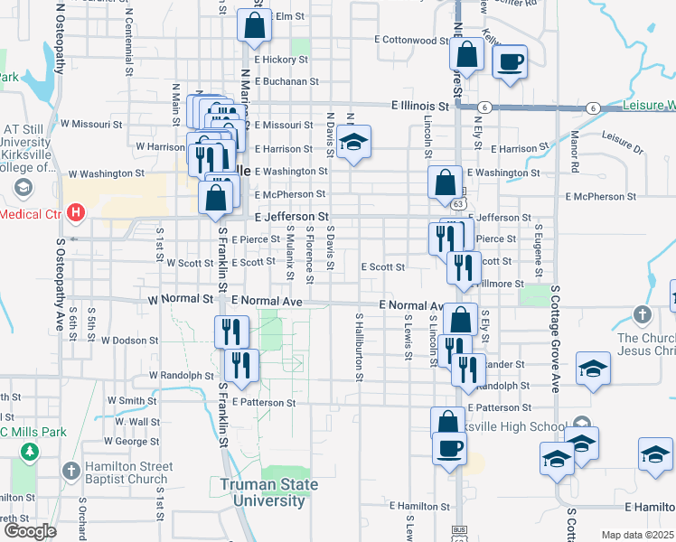 map of restaurants, bars, coffee shops, grocery stores, and more near 514 South Halliburton Street in Kirksville