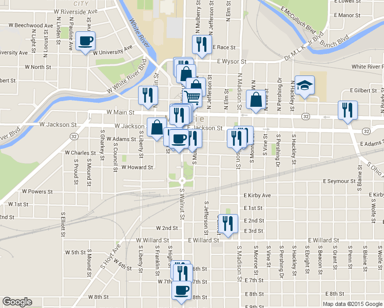 map of restaurants, bars, coffee shops, grocery stores, and more near 121 E Charles St in Muncie