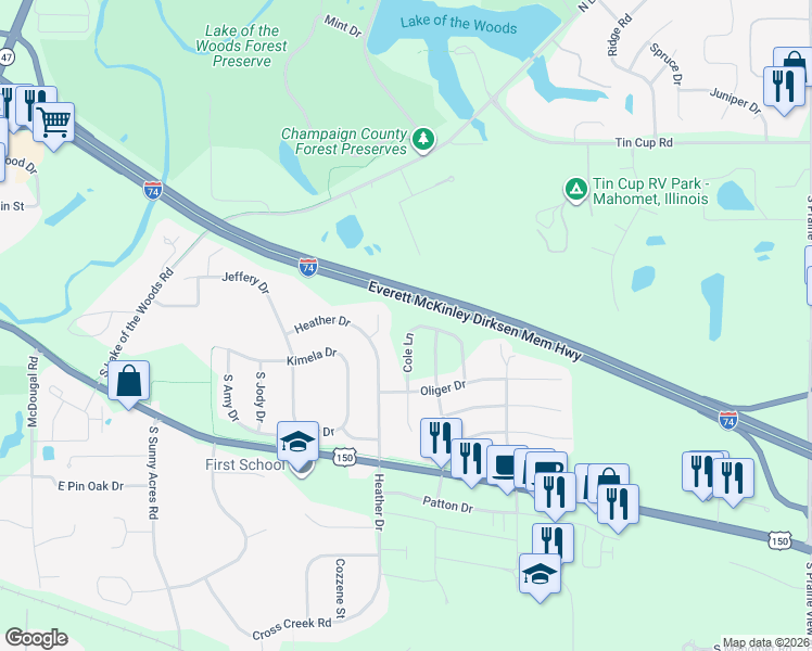 map of restaurants, bars, coffee shops, grocery stores, and more near 608 Gladney Court in Mahomet