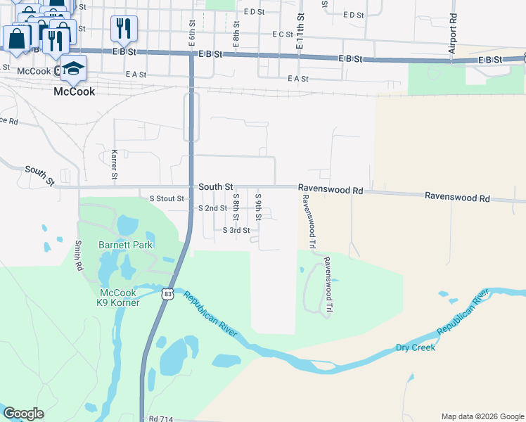 map of restaurants, bars, coffee shops, grocery stores, and more near 201 South 9th Street in McCook