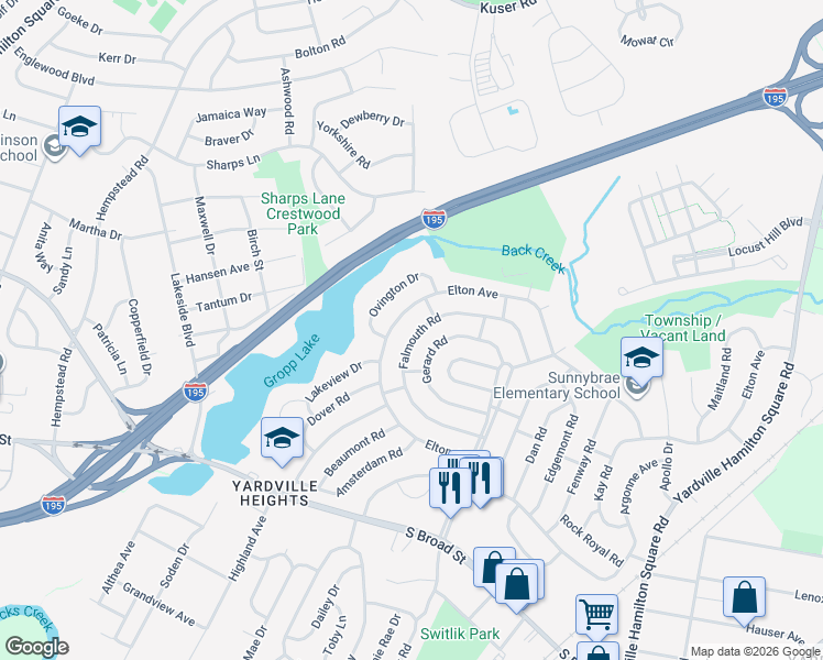 map of restaurants, bars, coffee shops, grocery stores, and more near 52 Falmouth Road in Hamilton Township