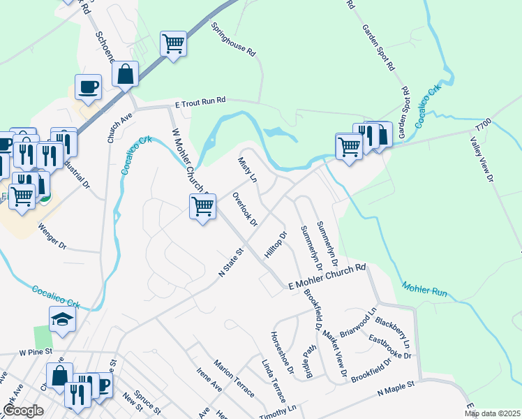 map of restaurants, bars, coffee shops, grocery stores, and more near 5 Misty Ln in Ephrata