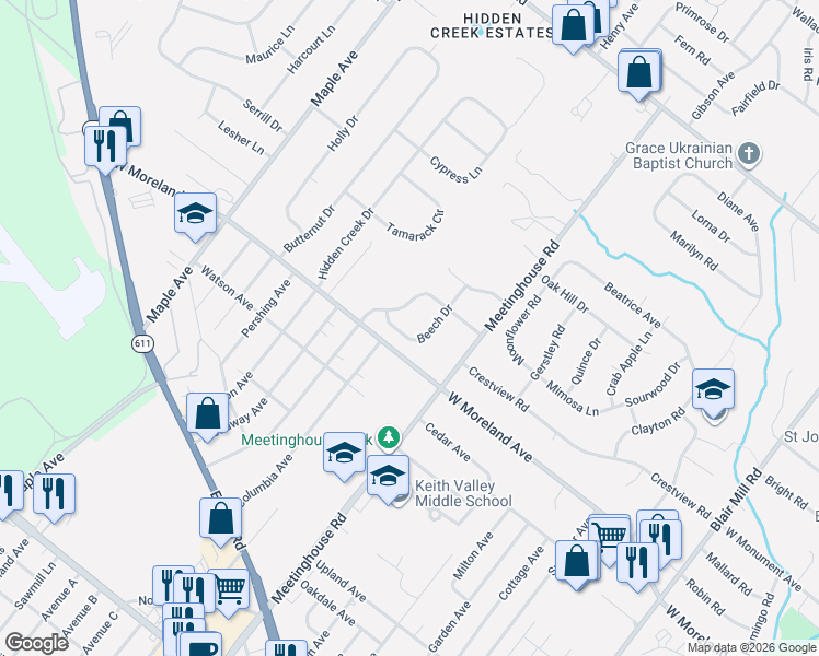 map of restaurants, bars, coffee shops, grocery stores, and more near 108 Beech Drive in Hatboro