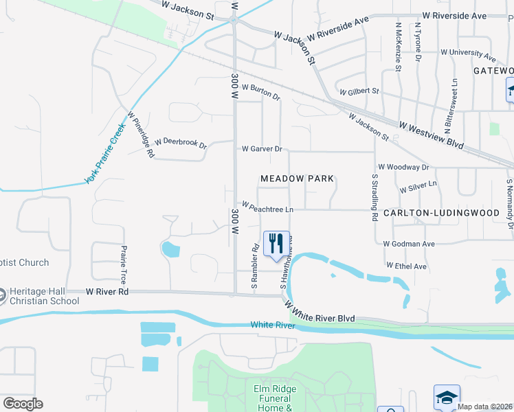 map of restaurants, bars, coffee shops, grocery stores, and more near 4800-4804 West Peachtree Lane in Muncie