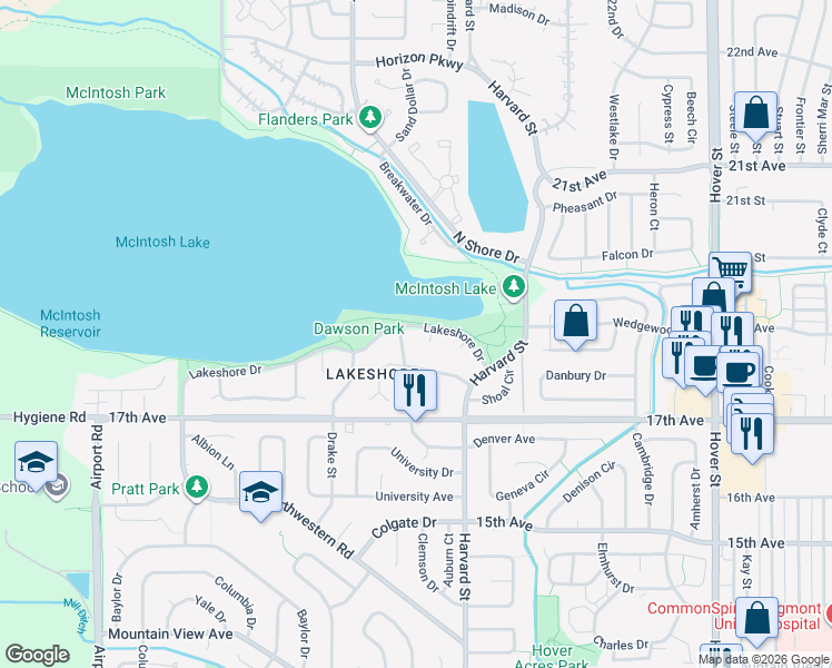 map of restaurants, bars, coffee shops, grocery stores, and more near 1766 Harbor Lane in Longmont
