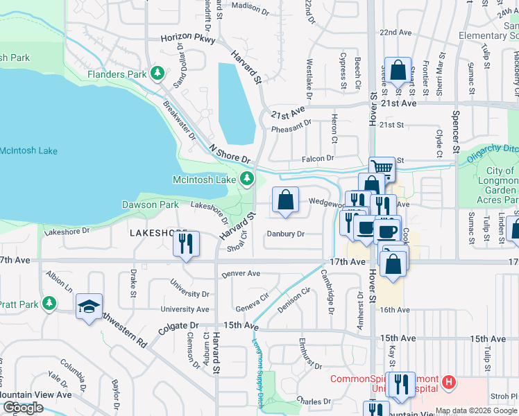 map of restaurants, bars, coffee shops, grocery stores, and more near 2643 Wedgewood Avenue in Longmont