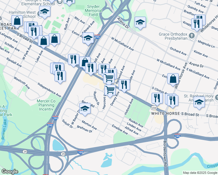 map of restaurants, bars, coffee shops, grocery stores, and more near 2695 South Broad Street in Hamilton Township