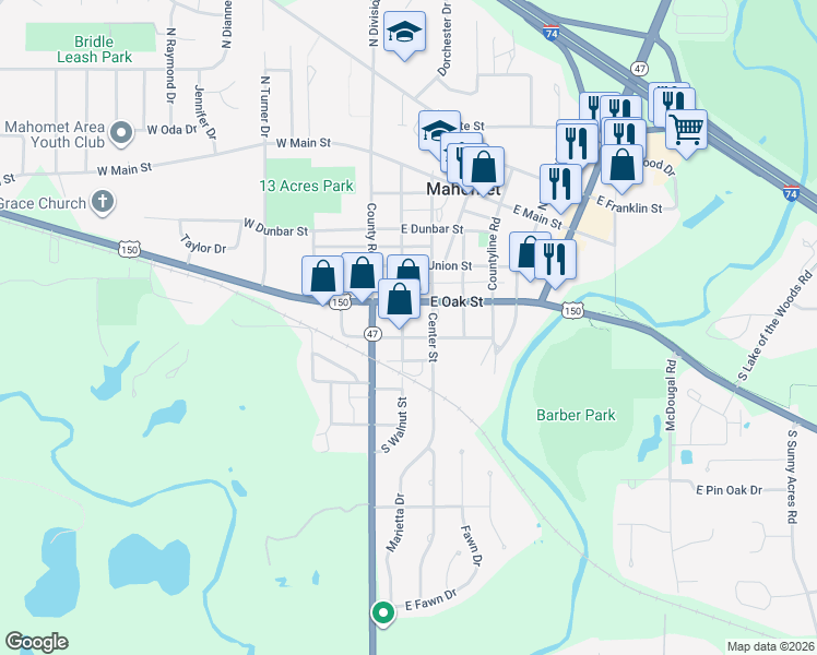 map of restaurants, bars, coffee shops, grocery stores, and more near 507 South Walnut Street in Mahomet
