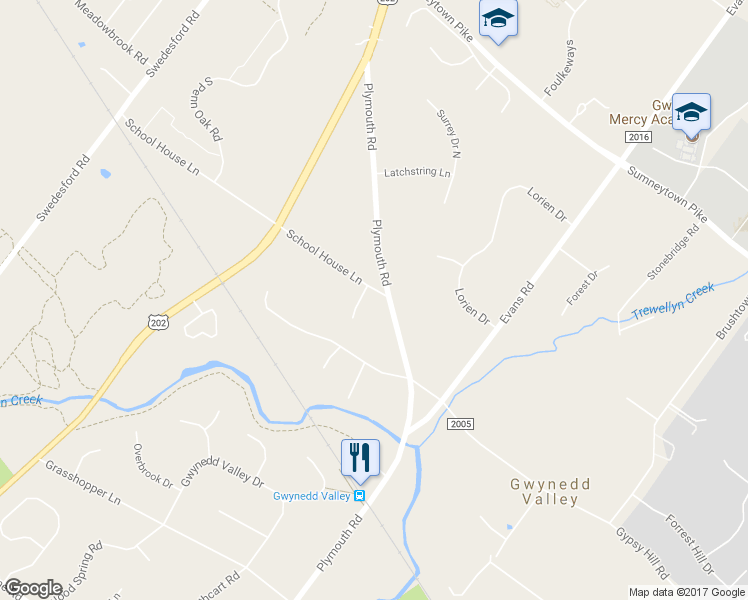 map of restaurants, bars, coffee shops, grocery stores, and more near 1504 School House Lane in Ambler