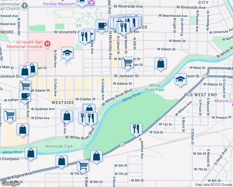 map of restaurants, bars, coffee shops, grocery stores, and more near 1803 West Charles Street in Muncie