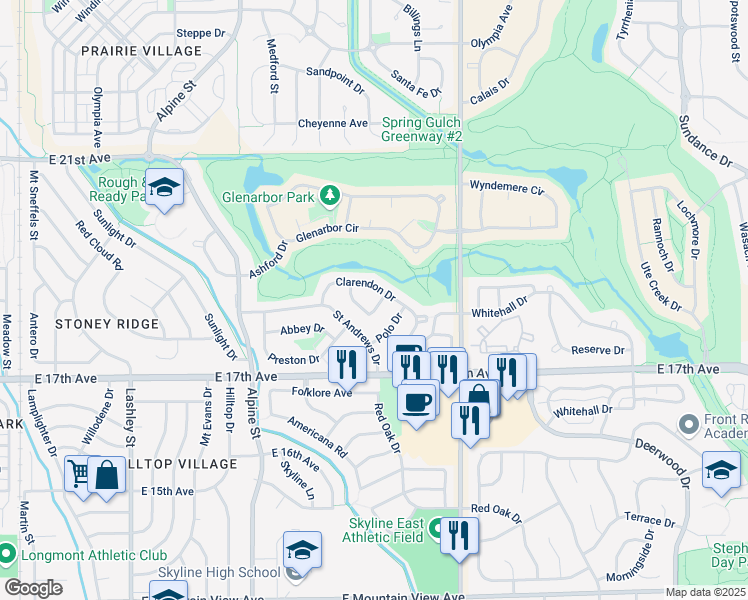 map of restaurants, bars, coffee shops, grocery stores, and more near 660 Penhurst Circle in Longmont